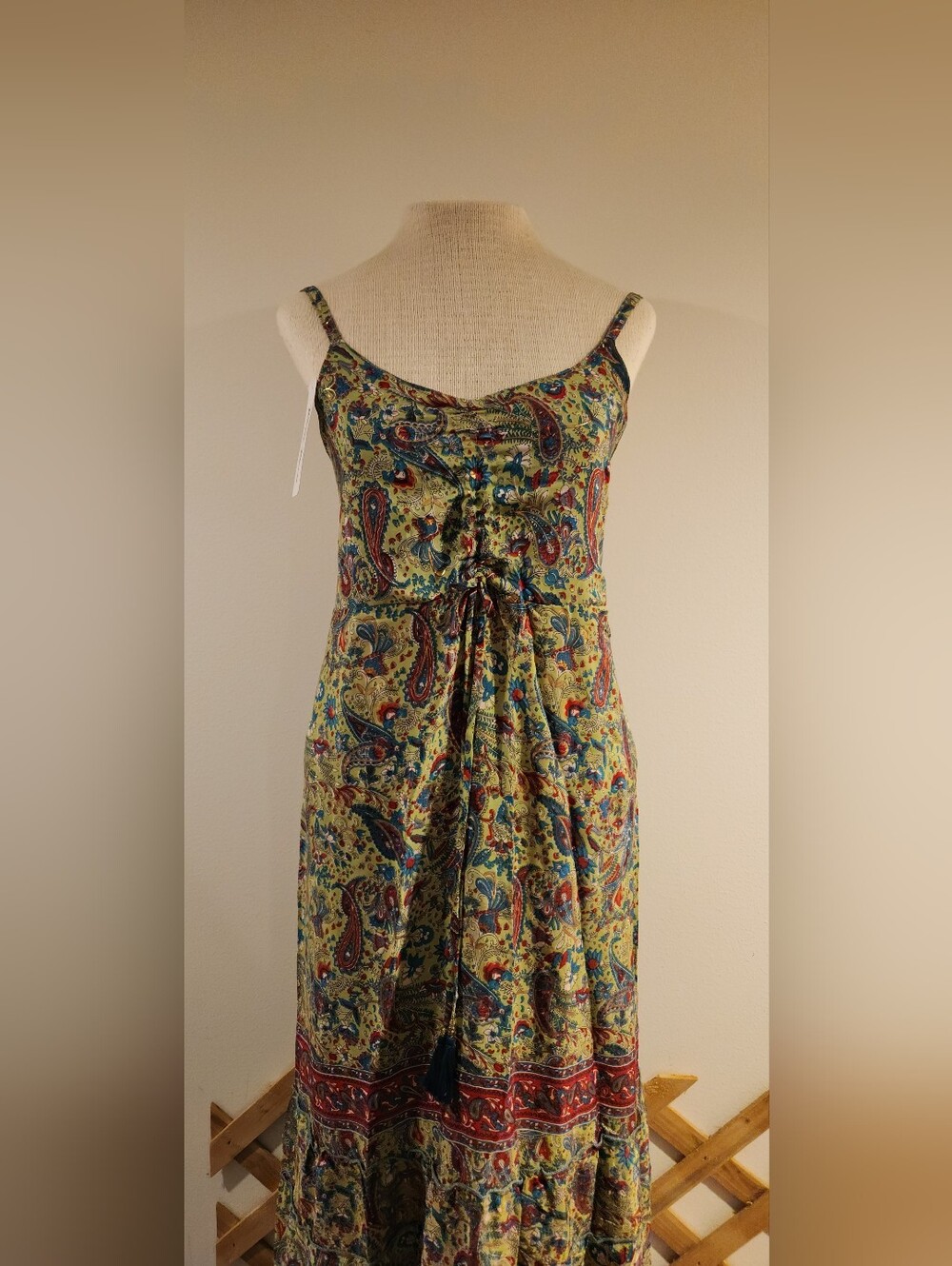 White Waves Green Paisley Tiered Boho Maxi Dress with Red & Blue Accents - Picture 3 of 11